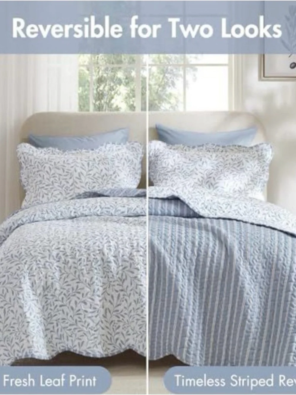 Madison Park Light Blue and White Leaf-Print Quilt Set